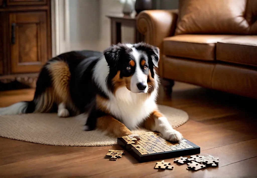 An engaging picture of an Australian Shepherd solving a puzzle toy displaying