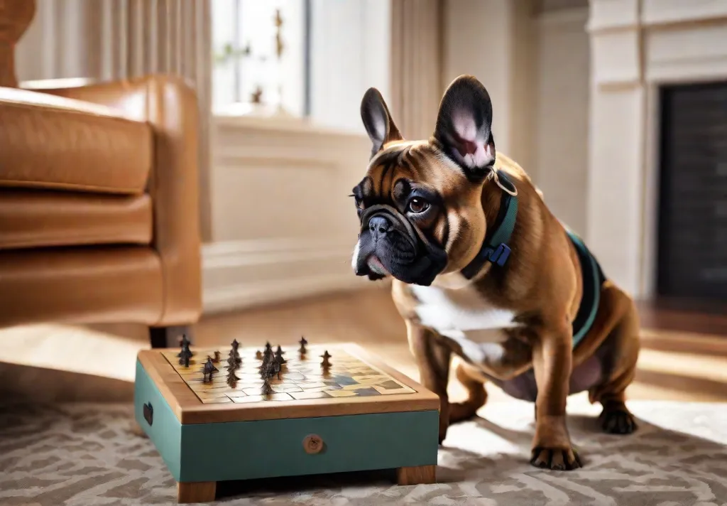 An engaging scene of a French Bulldog interacting with an interactive puzzle