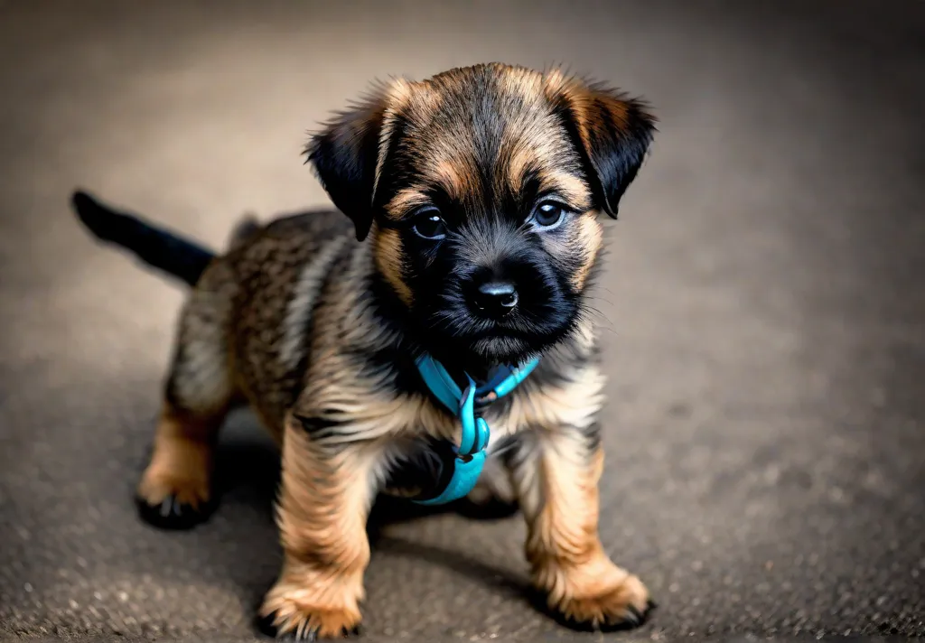 An expressive portrait of a Border Terrier puppy focusing on its deep