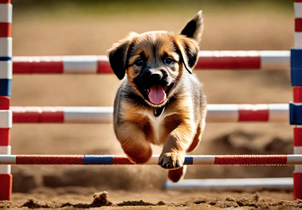 An illustration of a puppy navigating an agility course with focus and