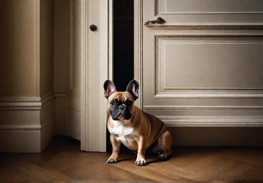 An image of a French Bulldog quietly shadowing its owner from one