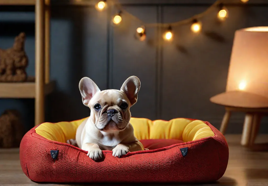 An indoor scene of a Frenchiefriendly environment featuring a cozy dog bed