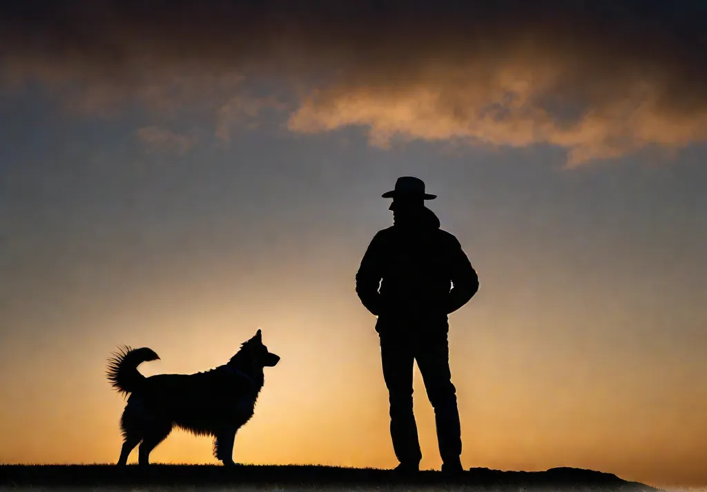 An inspirational silhouette of an Australian Shepherd and its owner standing on 1