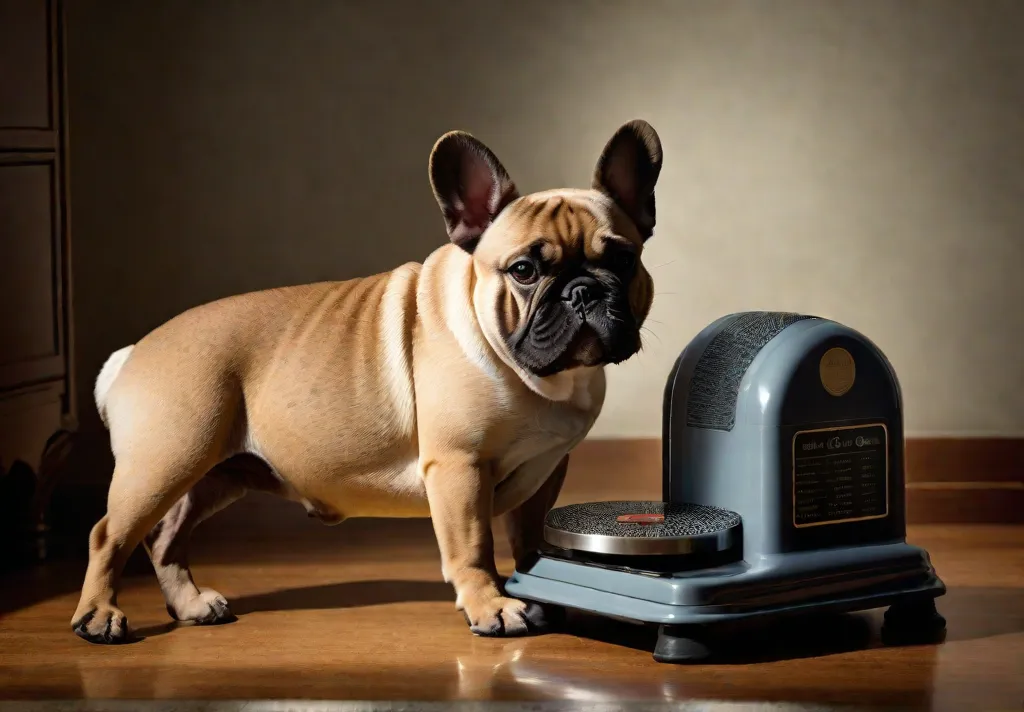 An overweight French Bulldog looking at a scale underlining the risks of