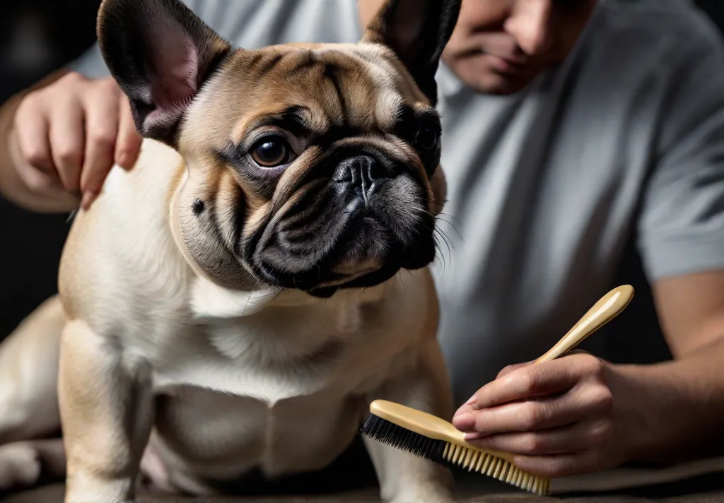 An owner brushing a French Bulldogs coat with a soft bristle brush