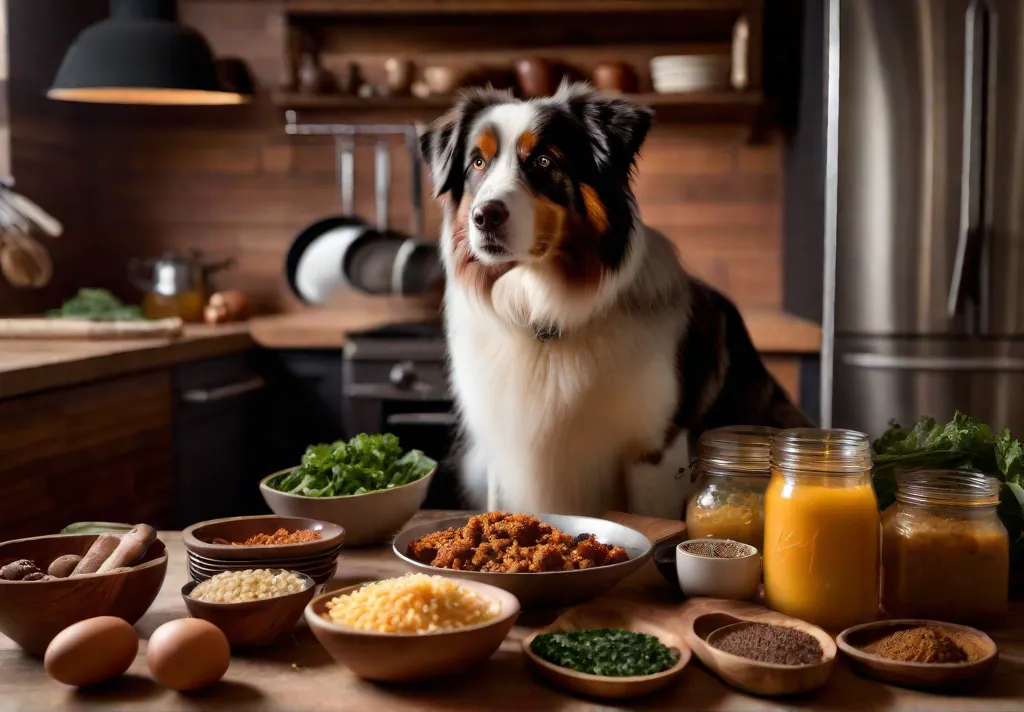 An owner preparing a homemade meal for their Australian Shepherd with ingredients