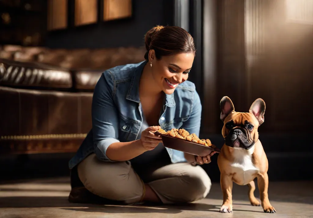 An owner training their French Bulldog with positive reinforcement using treats and