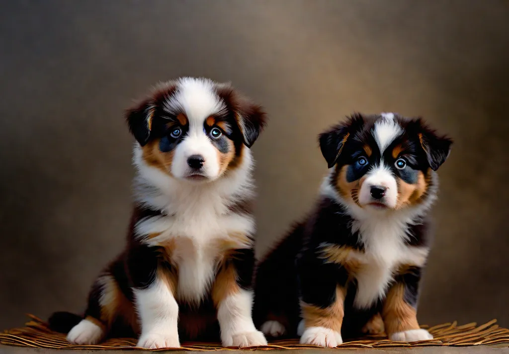 Australian Shepherd puppies interacting with various stimuli in a controlled environment depicting