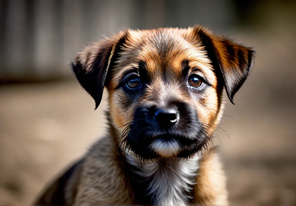 Closeup of a Border Terrier puppys unique otter shaped head highlighting its