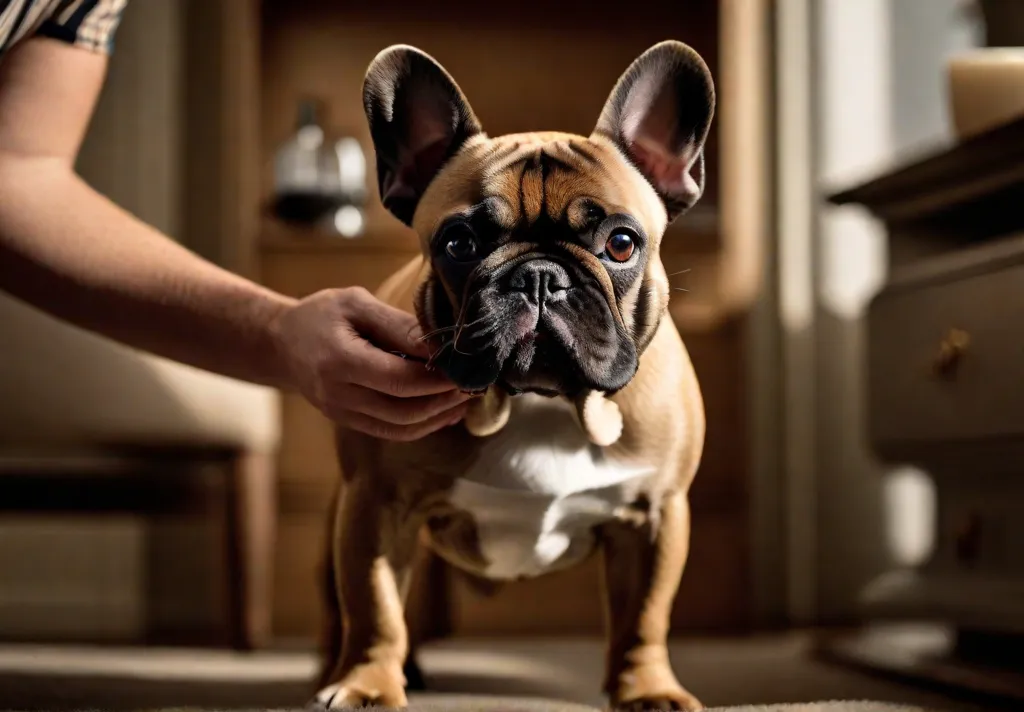 Closeup of a French Bulldog being groomed with a focus on skincare