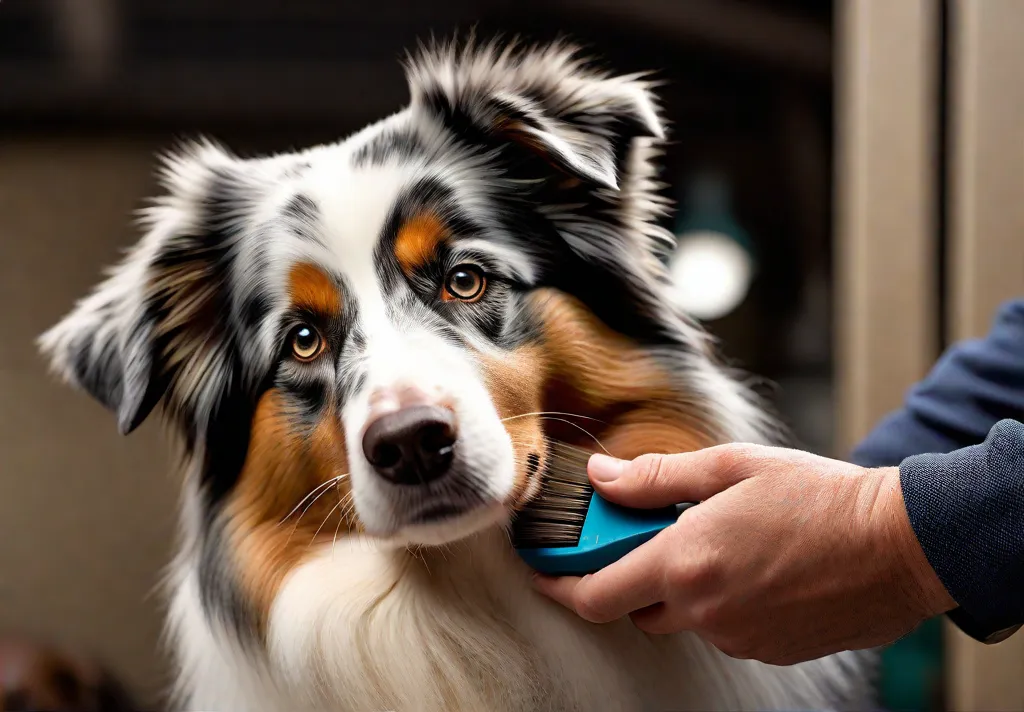 Closeup of an Australian Shepherd being groomed highlighting its thick vibrant coat 1