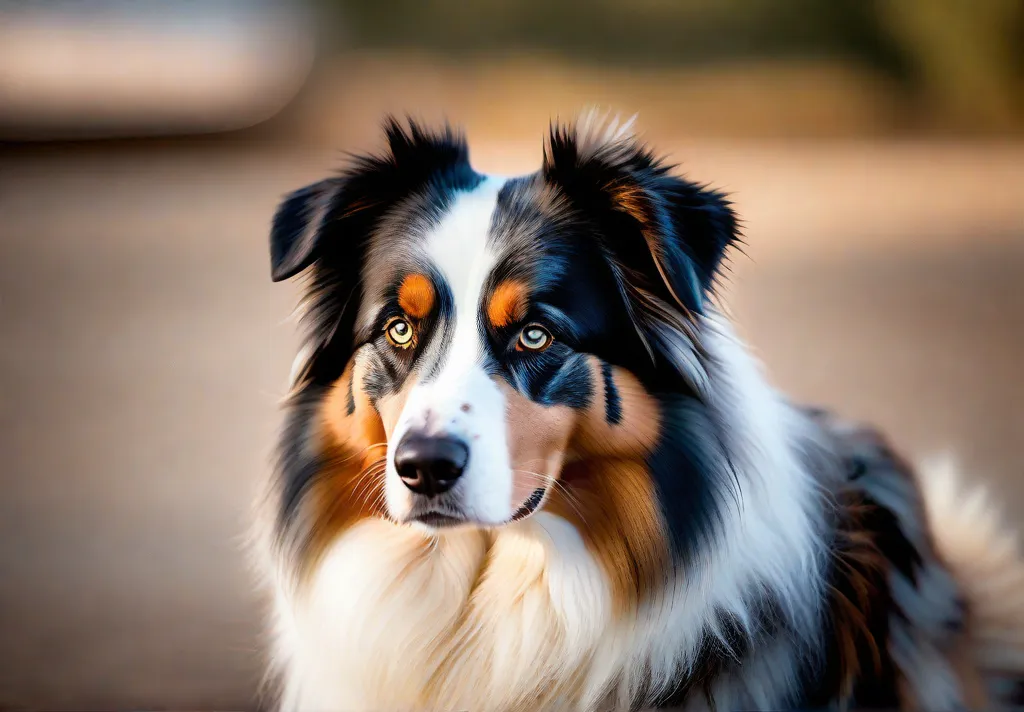 Closeup of an Australian Shepherds thick multicolored coat showcasing the grooming challenges