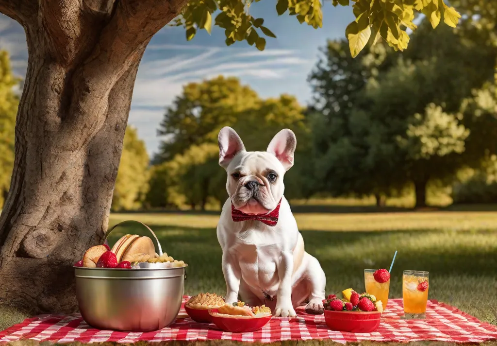 French Bulldog participating in a family picnic while staying cool under a