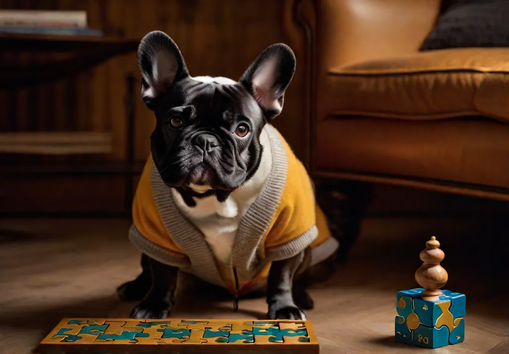 French Bulldog solving a puzzle toy representing mental stimulation activities to maintain