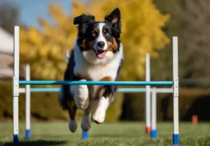 Highenergy Australian Shepherd participating in an agility course in the backyard jumping