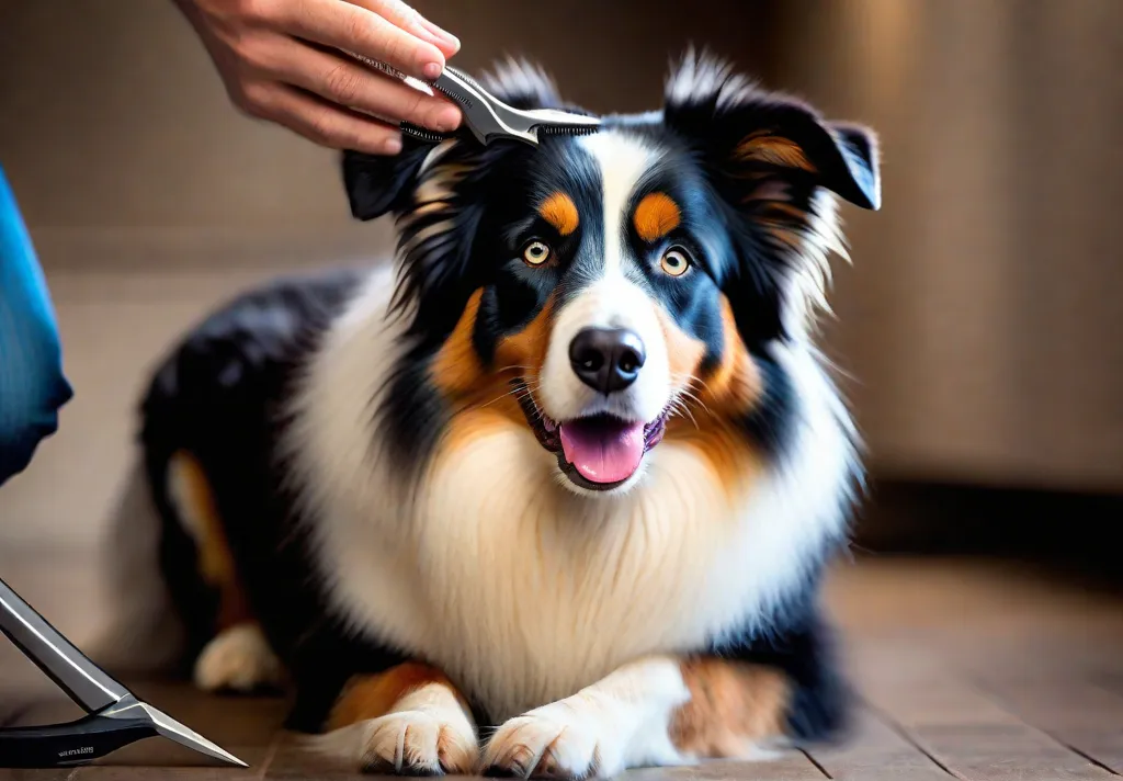 The gentle process of trimming an Australian Shepherds nails with safe ergonomic