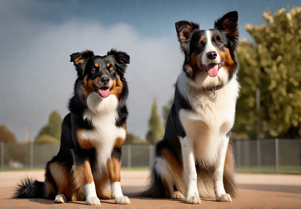 Two Australian Shepherds in a playful stance at a dog park illustrating