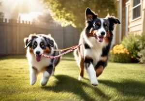 Two Australian Shepherds playing a spirited game of tugofwar with a durable