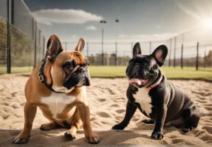 Two French Bulldogs interacting in a friendly manner in a dog park