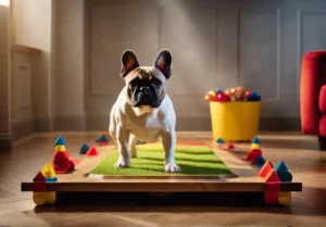 Visual of a French Bulldog participating in an indoor obstacle course made